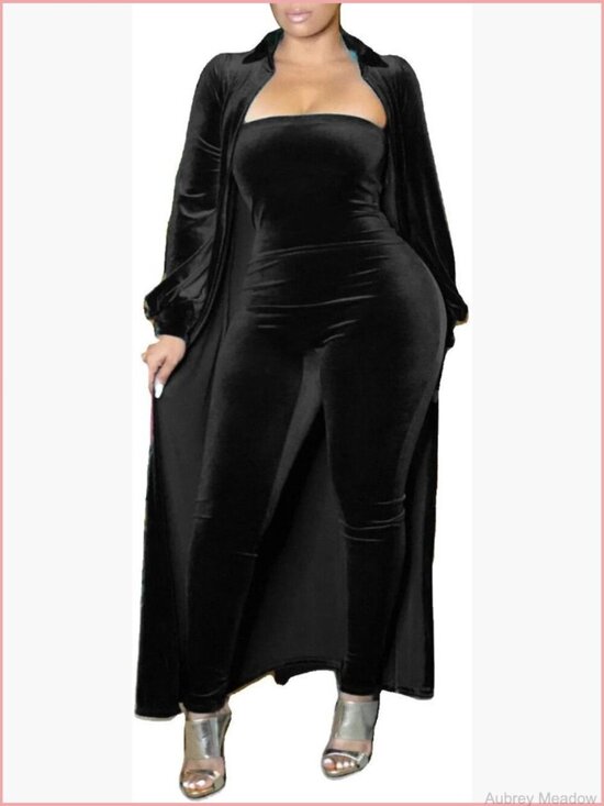 Pants - Sexy Velvet Long Sleeve Cardigan Tube Top Bodycon Party Jumpsuit Set